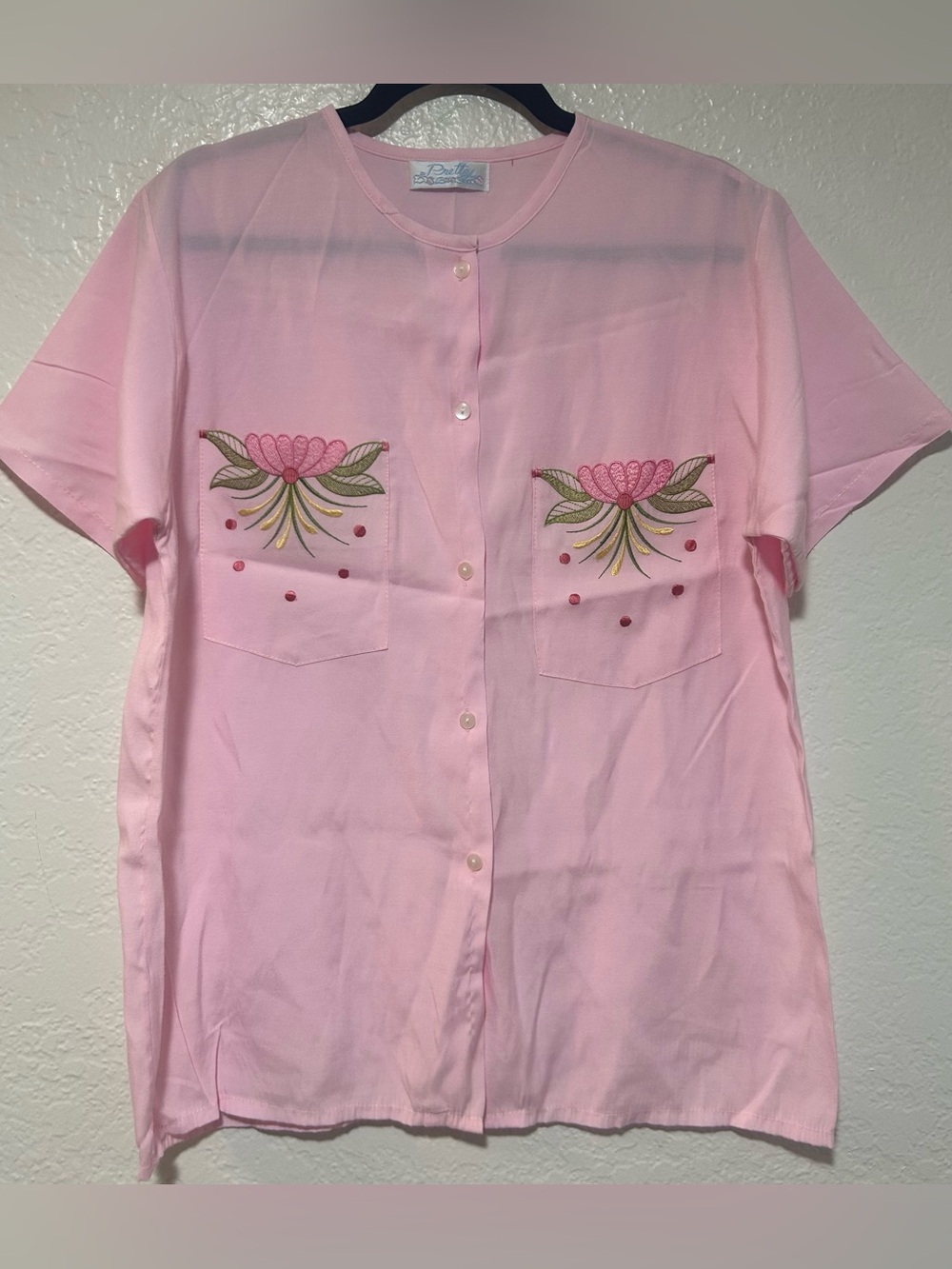 Pretty Pink Short-Sleeve Button-Front Shirt with Floral Chest Embroidery